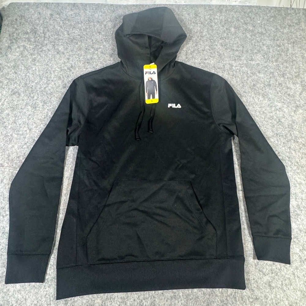 Fila Mens Pullover Hoodie Black Raised Logo Kangaroo Pocket Sweatshirt Size S